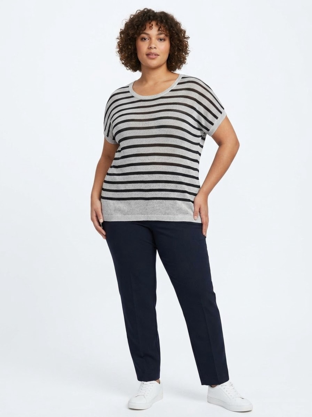Chico's Striped Short-Sleeve Knit Tee in Light Gray & Black